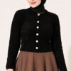 Hooded Short Cardigan with Button Detailing in French Terry Fabric Black