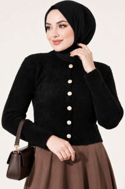 Alternative view of Hooded Short Cardigan with Button Detailing in French Terry Fabric Black