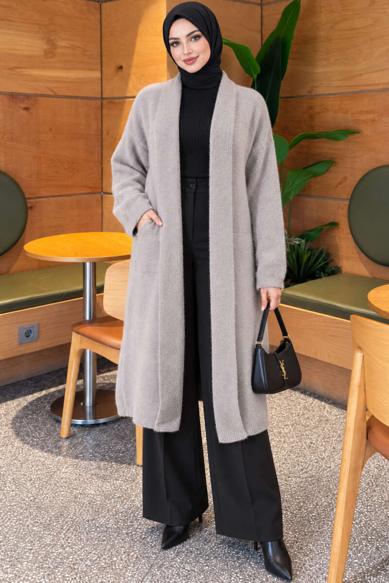 Shawl Collar Pocket Cardigan with Textured Knit Grey - Afbeelding 3