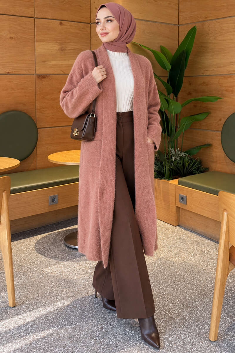 Shawl Collar Pocket Cardigan with Textured Knit Rose Dust - Afbeelding 3