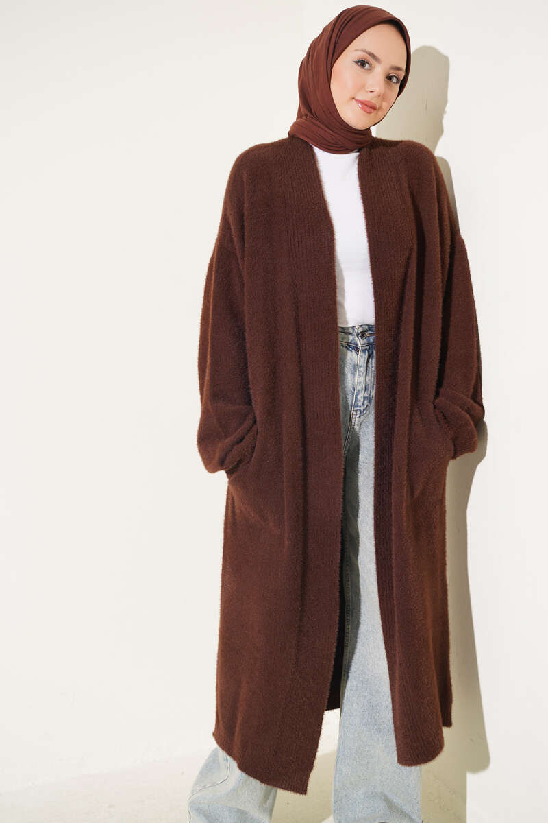 Shawl Collar Pocket Cardigan with Textured Knit Brown - Afbeelding 2