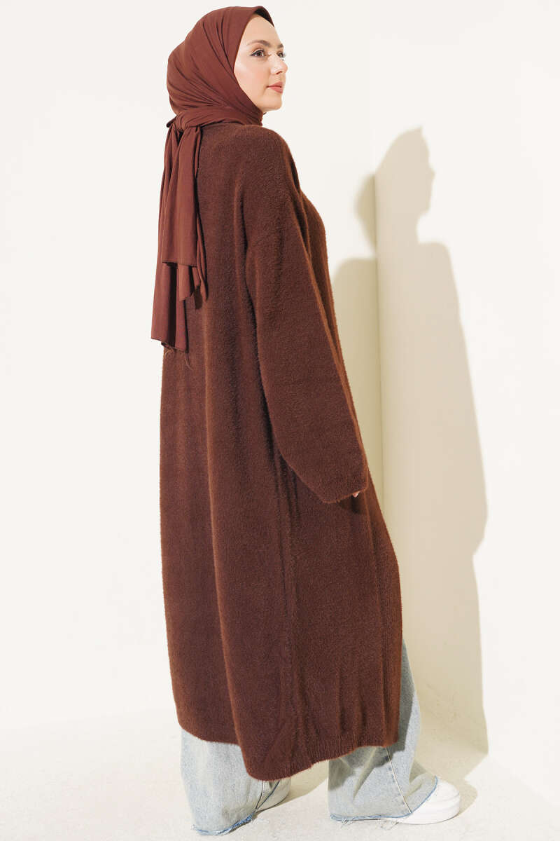 Shawl Collar Pocket Cardigan with Textured Knit Brown - Afbeelding 3