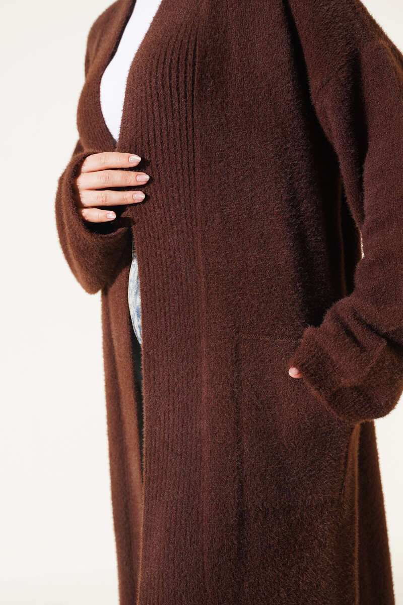 Shawl Collar Pocket Cardigan with Textured Knit Brown - Afbeelding 4