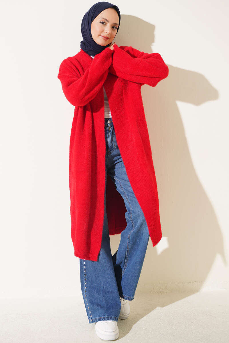 Shawl Collar Pocket Cardigan with Textured Knit Red