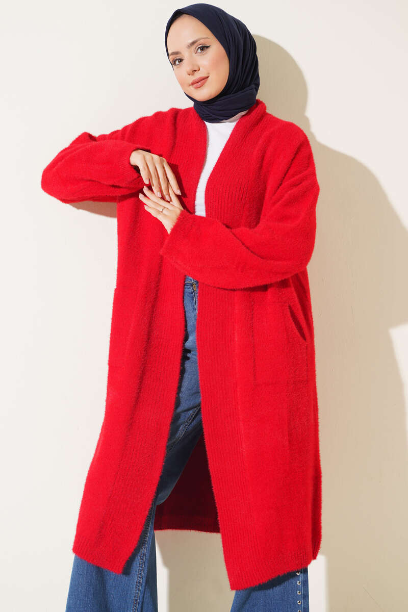 Shawl Collar Pocket Cardigan with Textured Knit Red – Bild 2