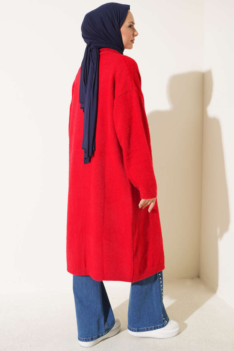 Shawl Collar Pocket Cardigan with Textured Knit Red – Bild 3