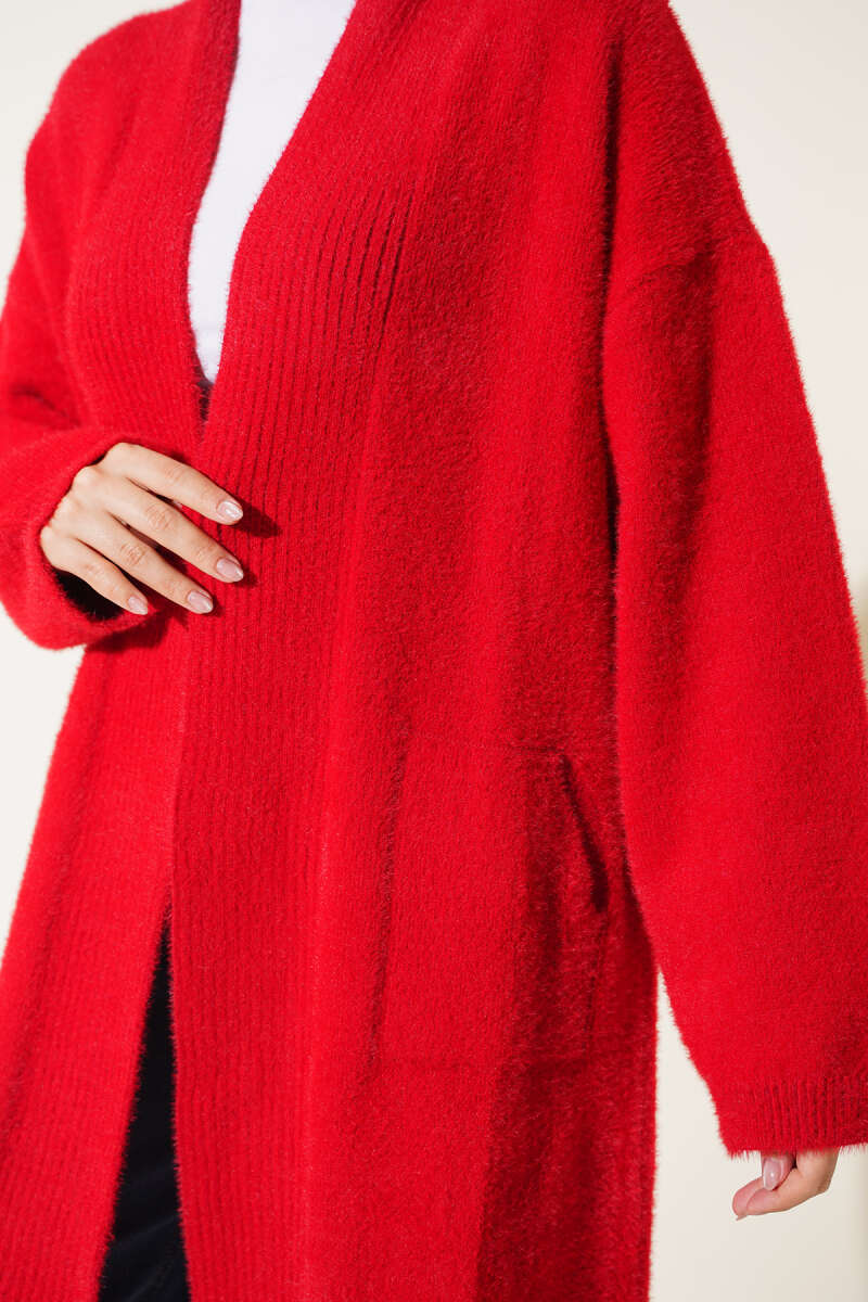 Shawl Collar Pocket Cardigan with Textured Knit Red – Bild 4