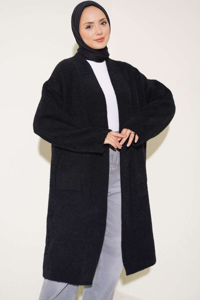Shawl Collar Pocket Cardigan with Textured Knit Black - immagine 2