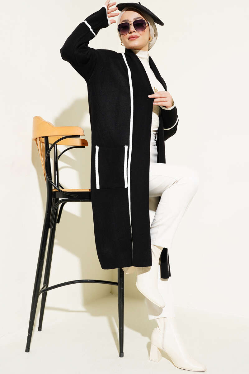 Shawl Collar Pocketed Knit Cardigan Black - Imagen 2