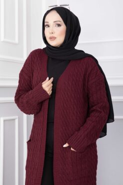 Alternative view of Long Knitted Cardigan with Shawl Collar and Pockets Burgundy