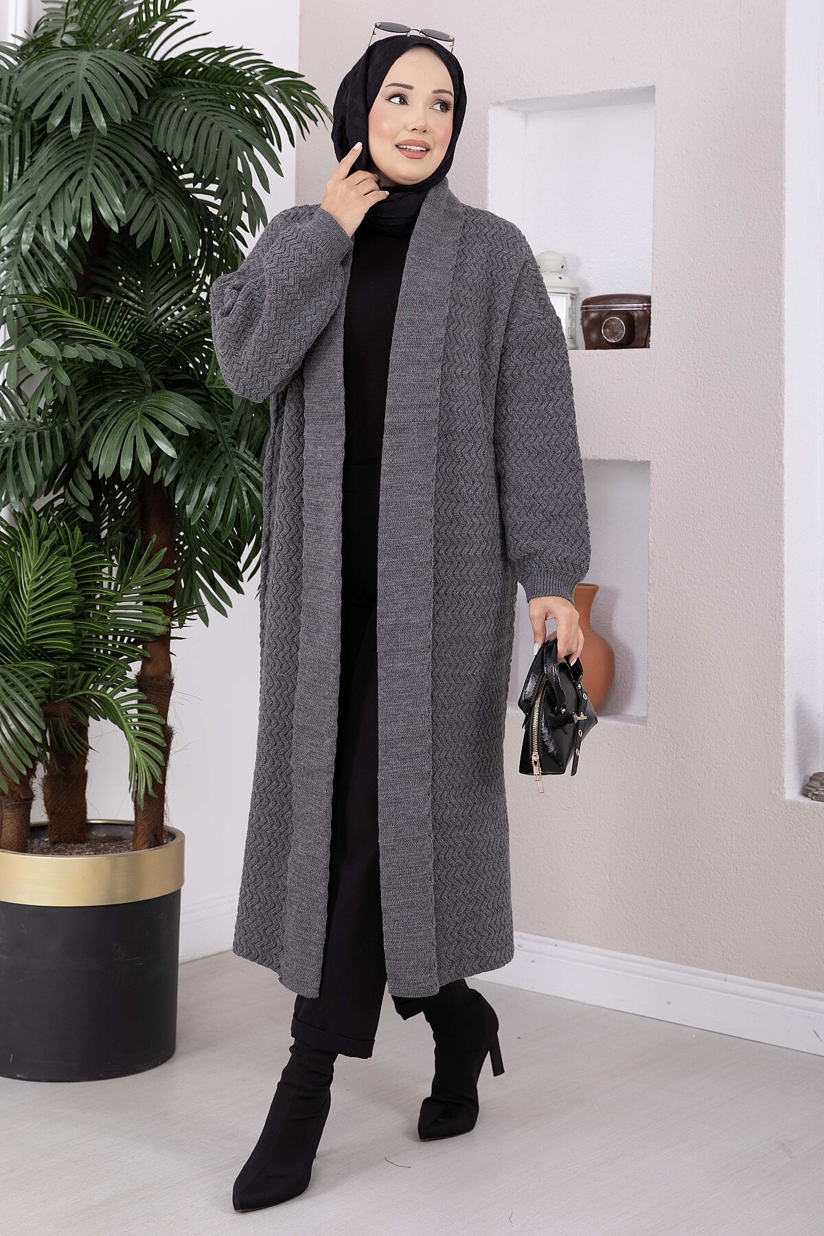 Long Patterned Knit Cardigan with Shawl Collar Brown - الصورة 5