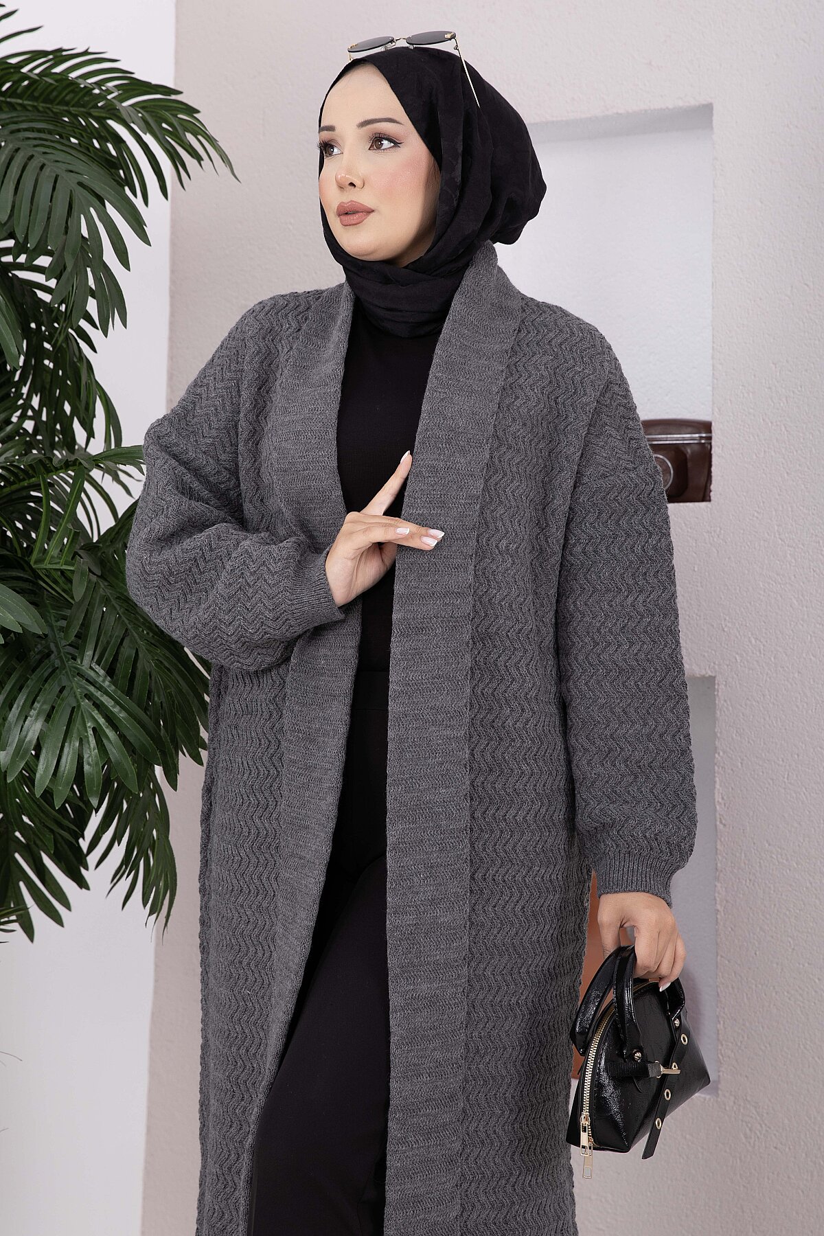 Long Patterned Knit Cardigan with Shawl Collar Brown - الصورة 6