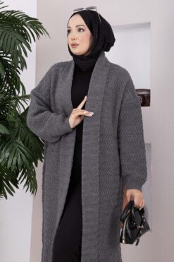 Alternative view of Long Patterned Knit Cardigan with Shawl Collar Anthracite