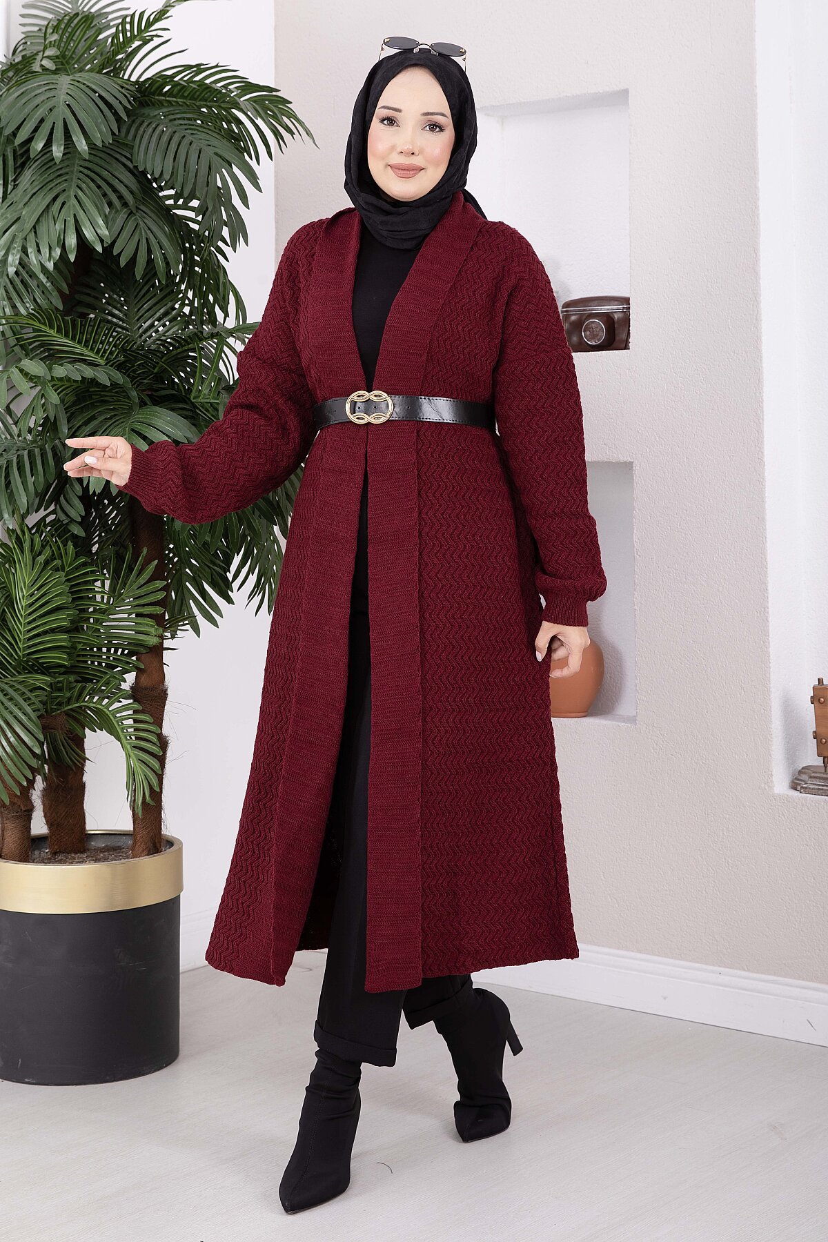 Long Patterned Knit Cardigan with Shawl Collar Burgundy