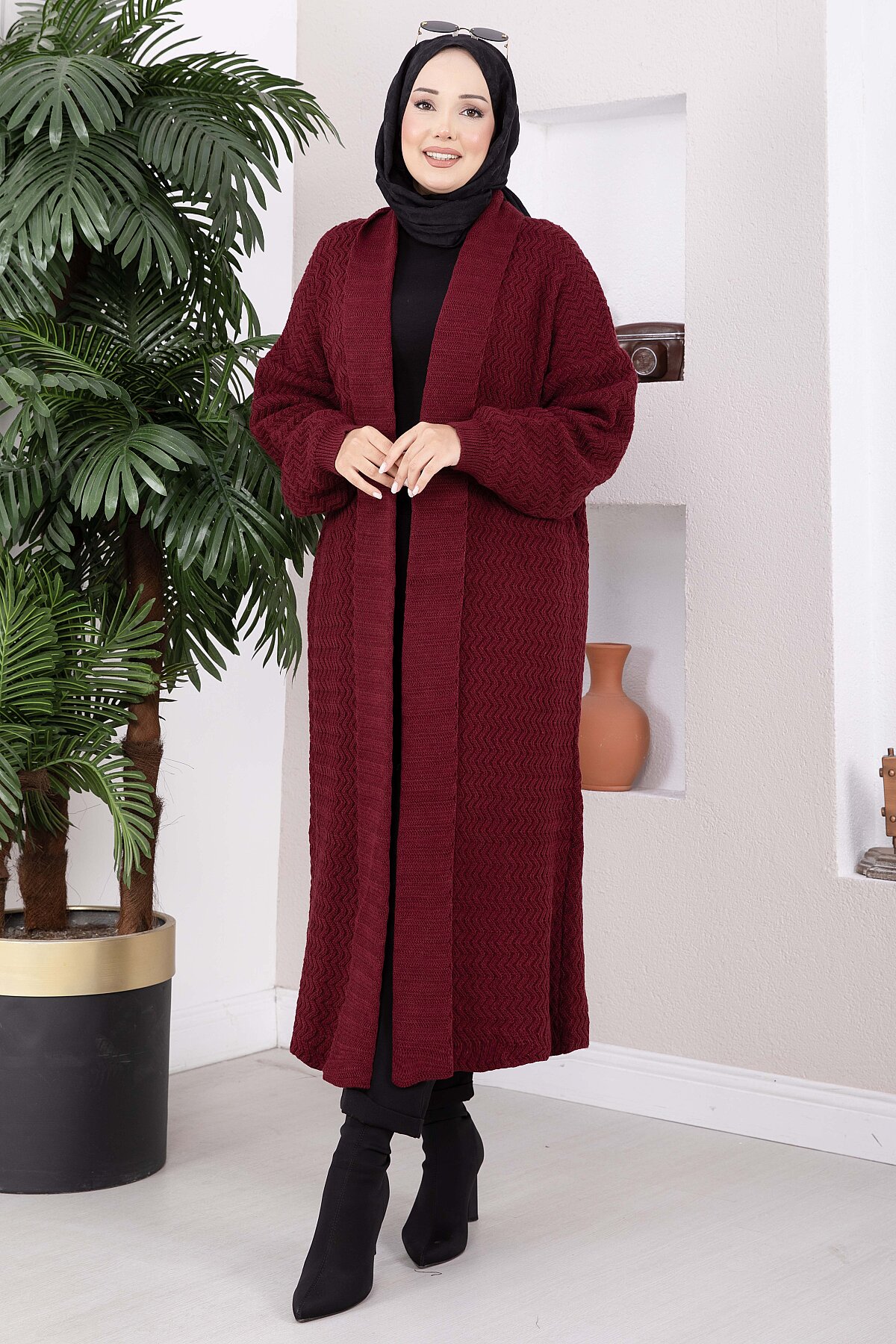 Long Patterned Knit Cardigan with Shawl Collar Burgundy - immagine 3