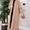 Long Patterned Knit Cardigan with Shawl Collar Camel - Imagen 3