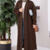 Long Patterned Knit Cardigan with Shawl Collar Brown