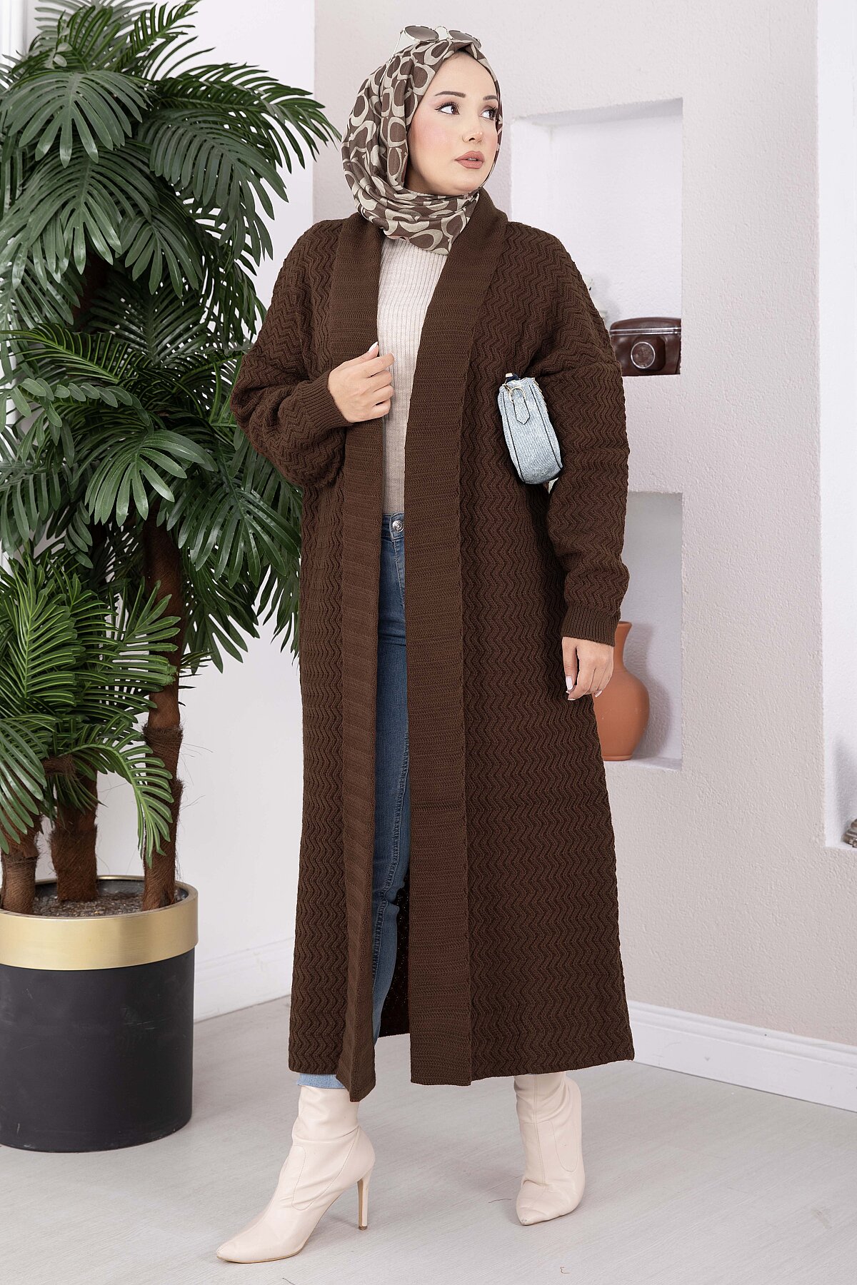 Long Patterned Knit Cardigan with Shawl Collar Brown