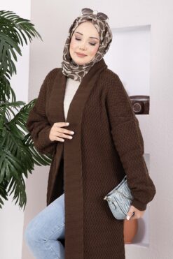 Alternative view of Long Patterned Knit Cardigan with Shawl Collar Brown