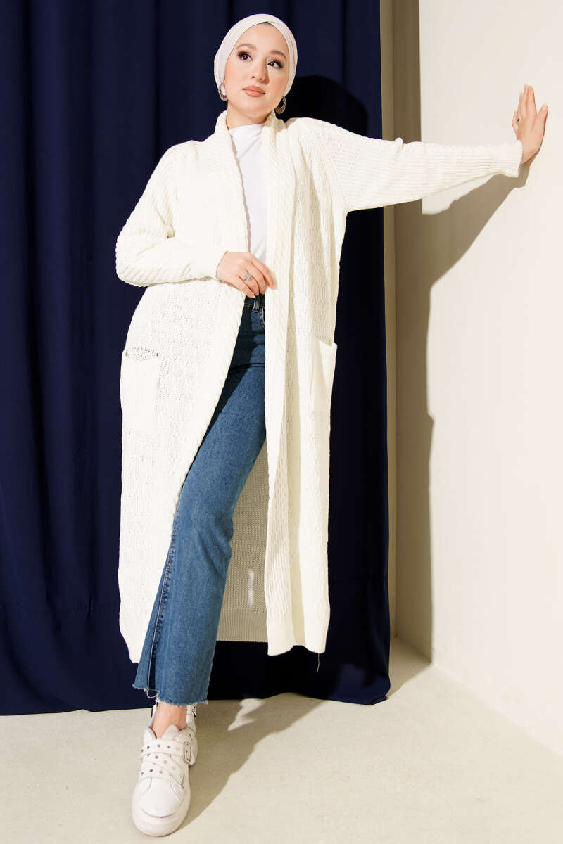 Shawl Collar Textured Knit Cardigan Ecru