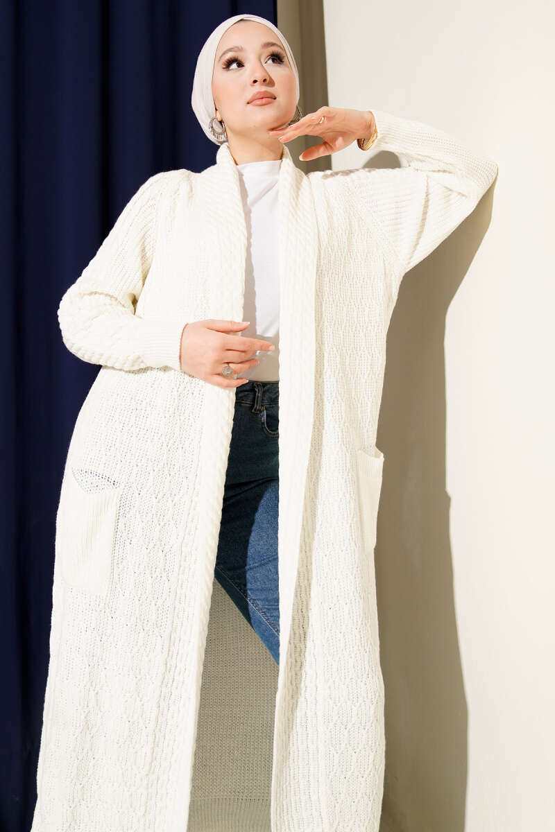 Shawl Collar Textured Knit Cardigan Ecru - Imagen 2