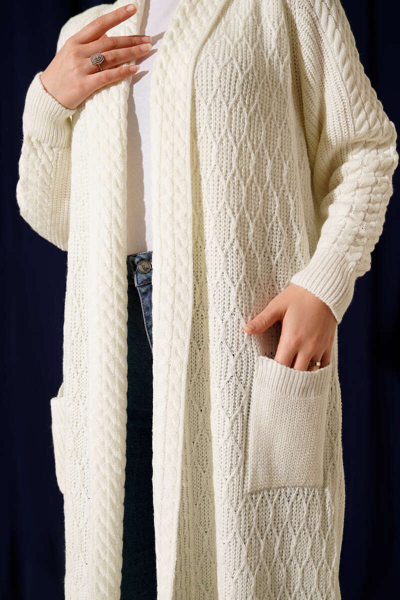 Shawl Collar Textured Knit Cardigan Ecru - Imagen 4