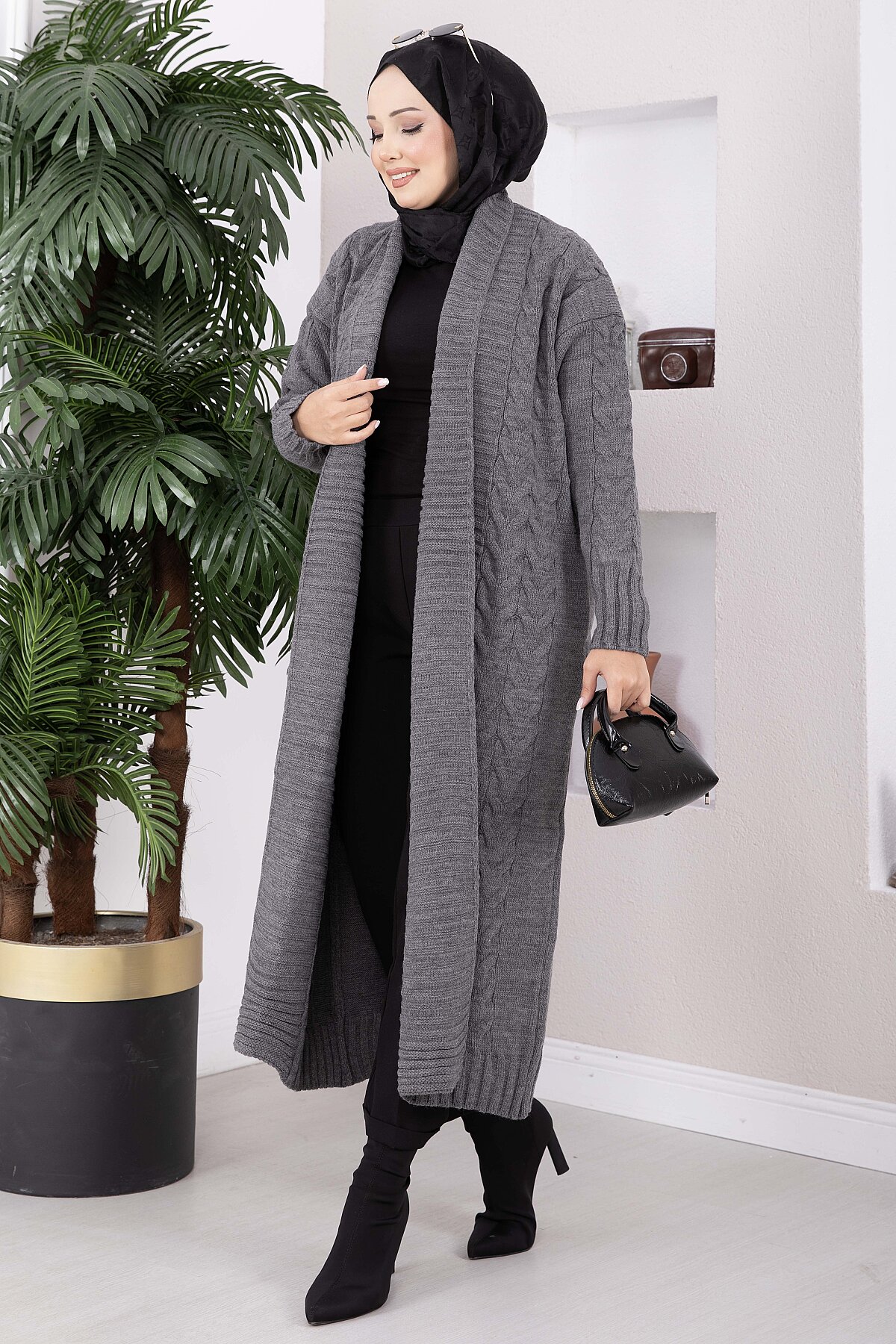Long Knit Cardigan with Shawl Collar and Cable Knit Detailing Anthracite