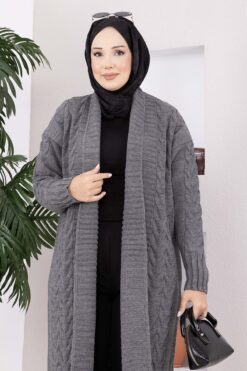 Alternative view of Long Knit Cardigan with Shawl Collar and Cable Knit Detailing Anthracite