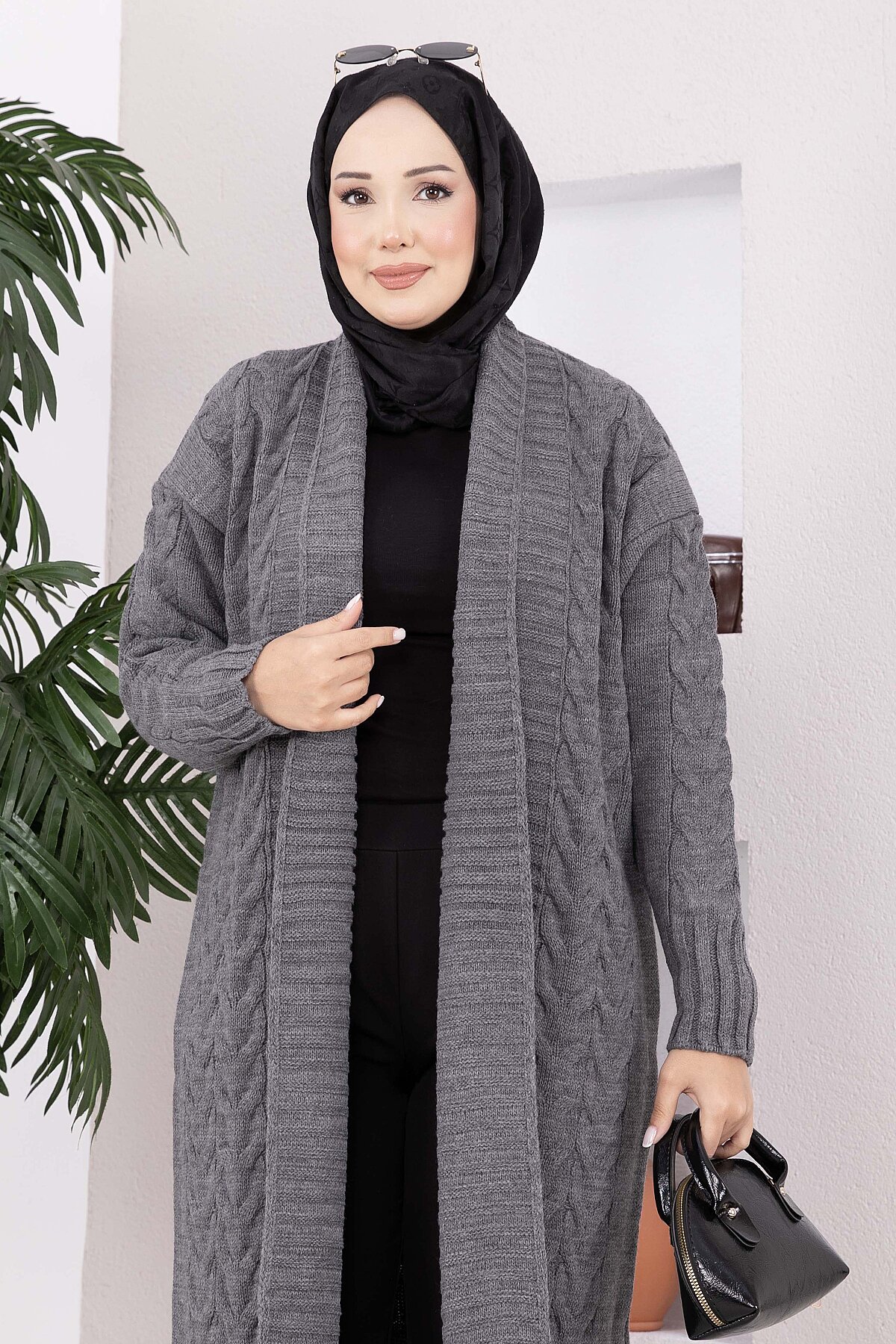 Long Knit Cardigan with Shawl Collar and Cable Knit Detailing Anthracite - Imagen 2