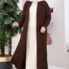 Long Knit Cardigan with Shawl Collar and Cable Knit Detailing Brown