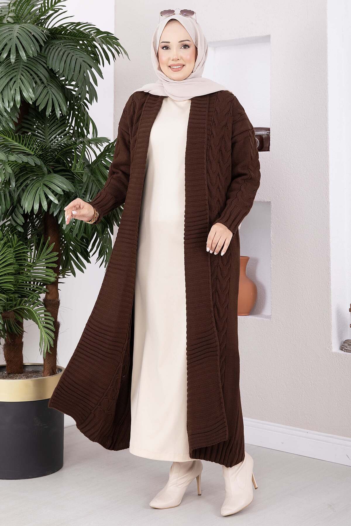 Long Knit Cardigan with Shawl Collar and Cable Knit Detailing Brown