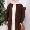 Long Knit Cardigan with Shawl Collar and Cable Knit Detailing Brown - Afbeelding 2