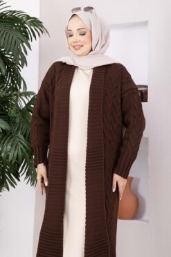 Alternative view of Long Knit Cardigan with Shawl Collar and Cable Knit Detailing Brown