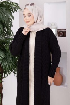 Alternative view of Long Knit Cardigan with Shawl Collar and Cable Knit Detailing Black