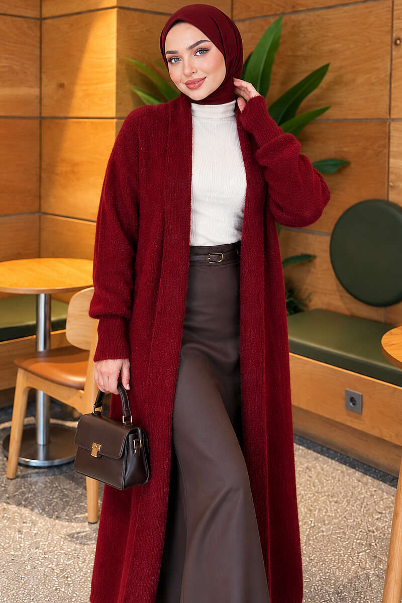 Long cardigan with shawl collar and textured knit Burgundy