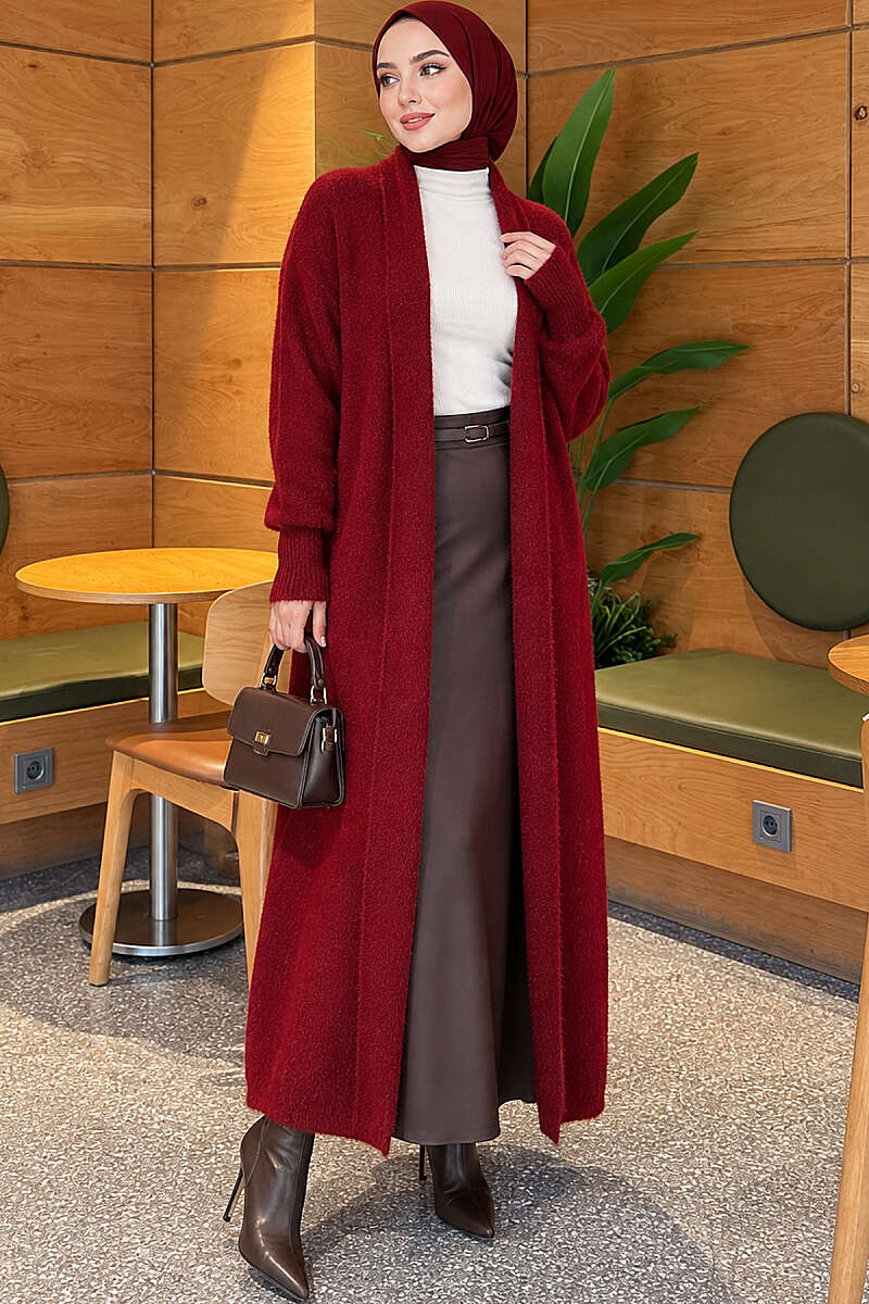 Long cardigan with shawl collar and textured knit Burgundy - الصورة 2