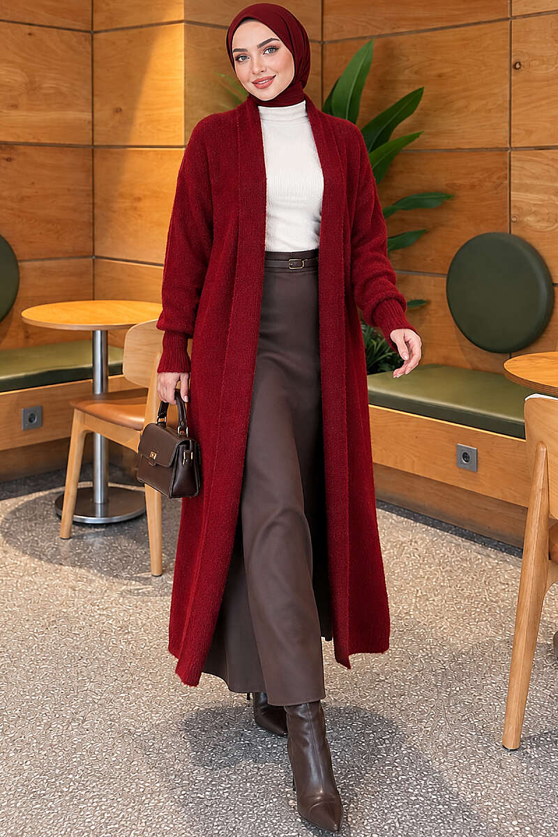 Long cardigan with shawl collar and textured knit Burgundy - الصورة 3
