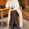 Long cardigan with shawl collar and textured knit Ecru