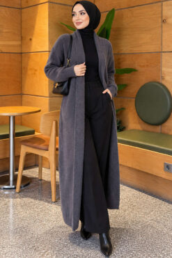 Alternative view of Long cardigan with shawl collar and textured knit Smoke