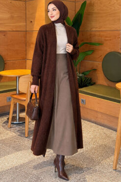 Alternative view of Long cardigan with shawl collar and textured knit Brown