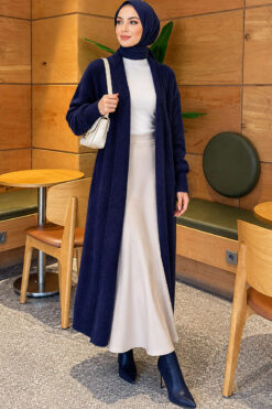 Alternative view of Long cardigan with shawl collar and textured knit Navy Blue