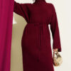 ⁦Loose Belted Knit Dress Burgundy⁩ - الصورة ⁦2⁩