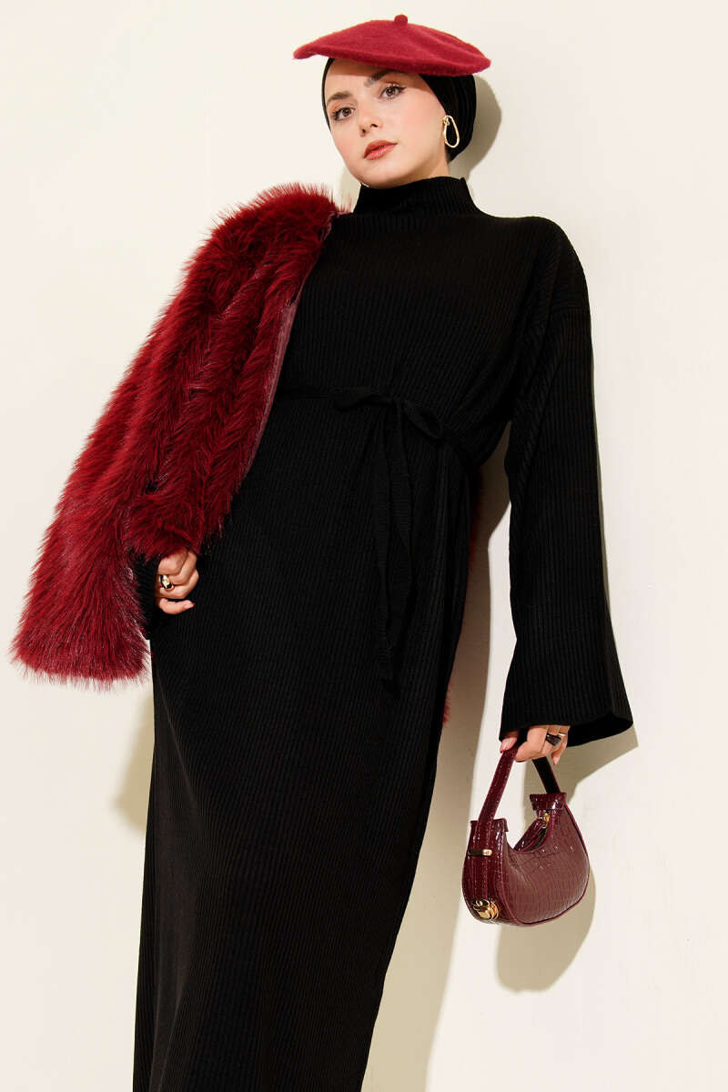 Loose Belted Knit Dress Black - الصورة 2