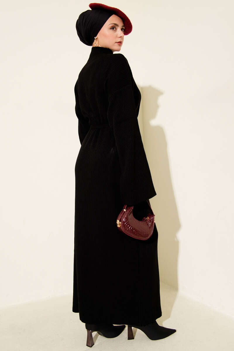 Loose Belted Knit Dress Black - الصورة 3