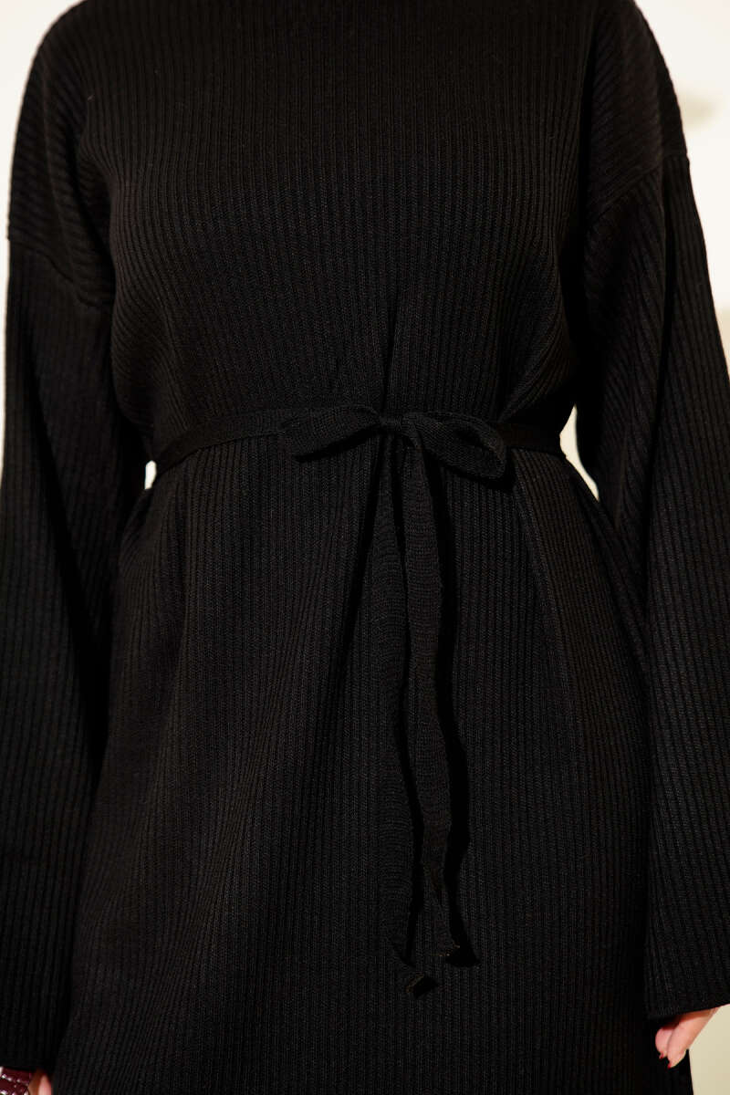 Loose Belted Knit Dress Black - الصورة 4