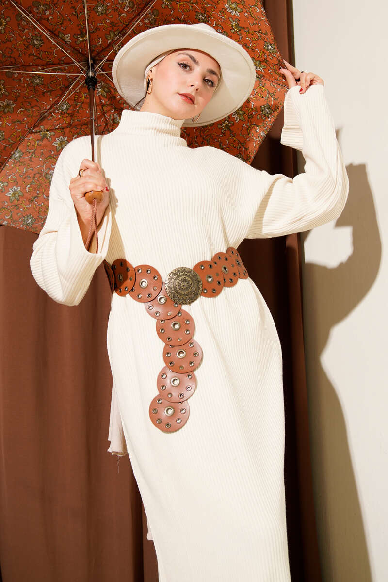 Loose Belted Knit Dress Stone – Image 2