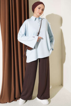 Alternative view of Relaxed Fit Sheer Fabric Tunic with Side Slit Details Baby Blue