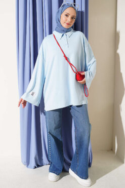Alternative view of Relaxed Fit Sheer Fabric Tunic with Side Slit Details Ice Blue