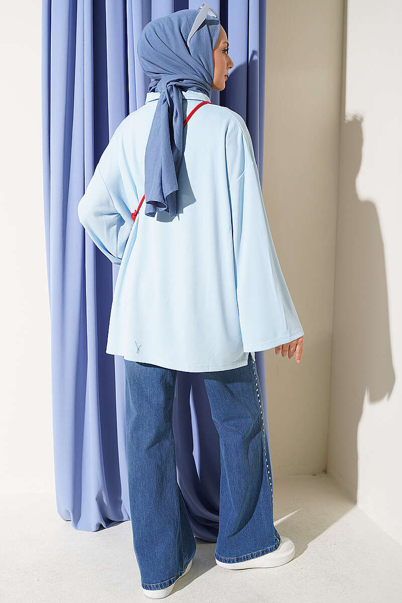 Relaxed Fit Sheer Fabric Tunic with Side Slit Details Ice Blue – Image 3