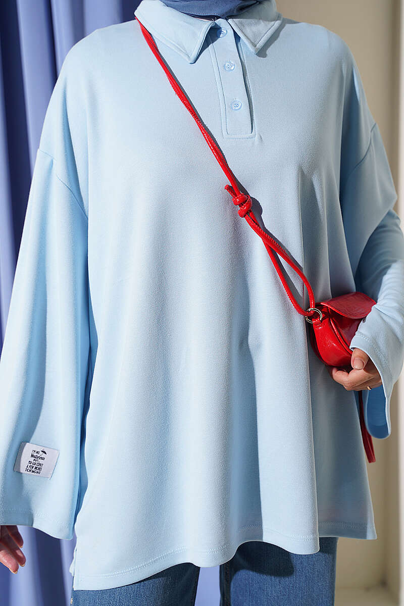 Relaxed Fit Sheer Fabric Tunic with Side Slit Details Ice Blue – Image 4